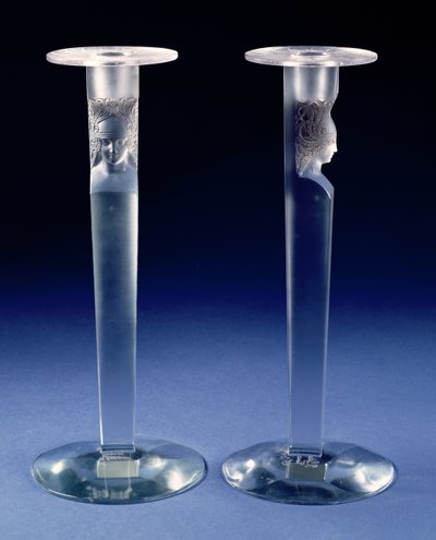 Cariatide, un paio di candelabri (vetro) da Rene Jules Lalique